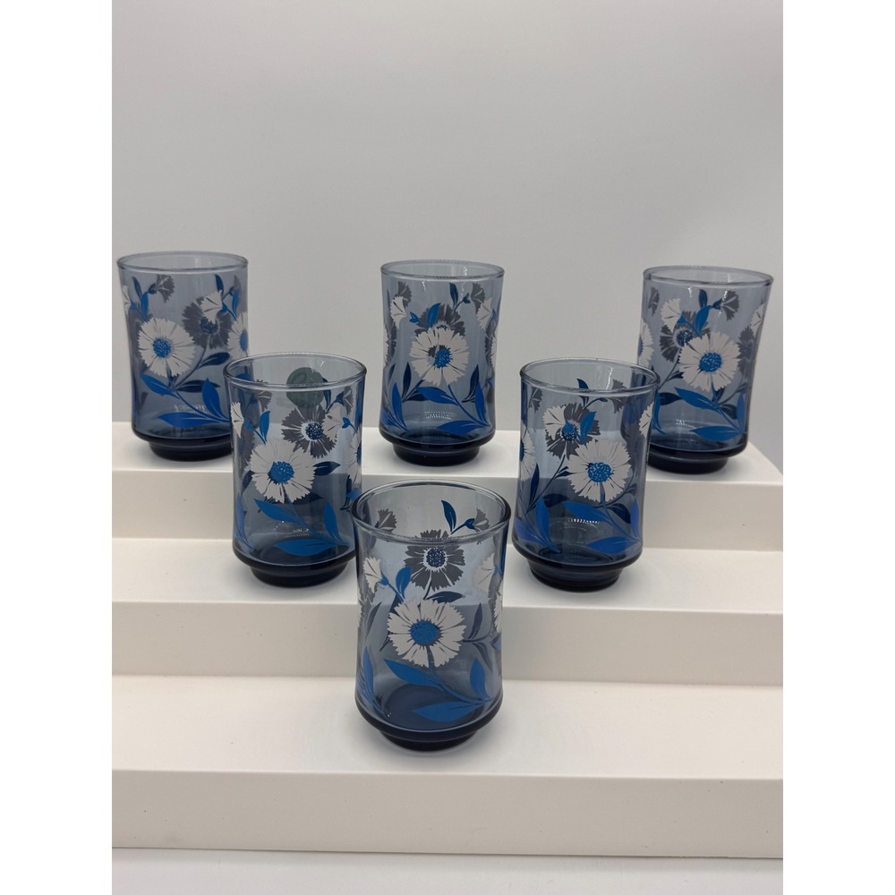 Vintage Libbey Blue Juice Glasses White Daisy Set of 6 Mid Century Modern MCM